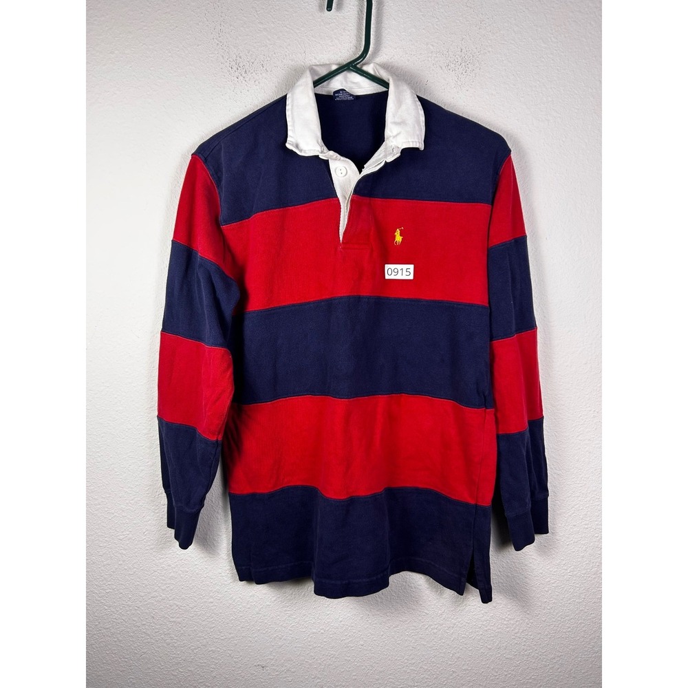 Polo Ralph Lauren Rugby Shirt Mens Large Navy Red Striped Long Sleeve Cotton